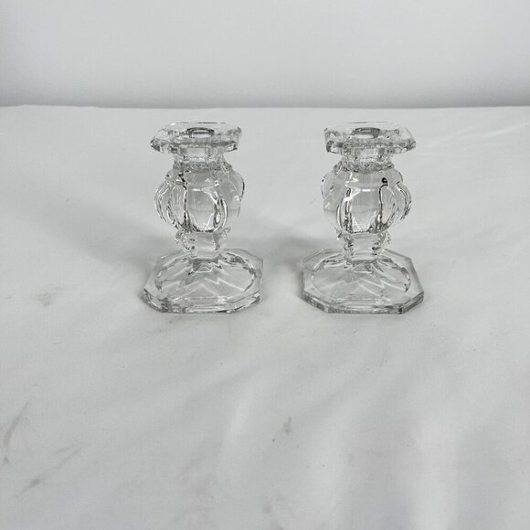 Set of 2 Gorham Crystal 4" Candlestick Holders - Clear Baroque Design Square Bas - Picture 1 of 4